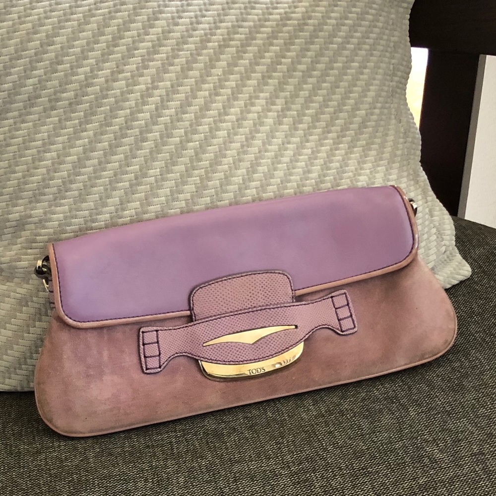 Tod’s leather and suede purple clutch bag